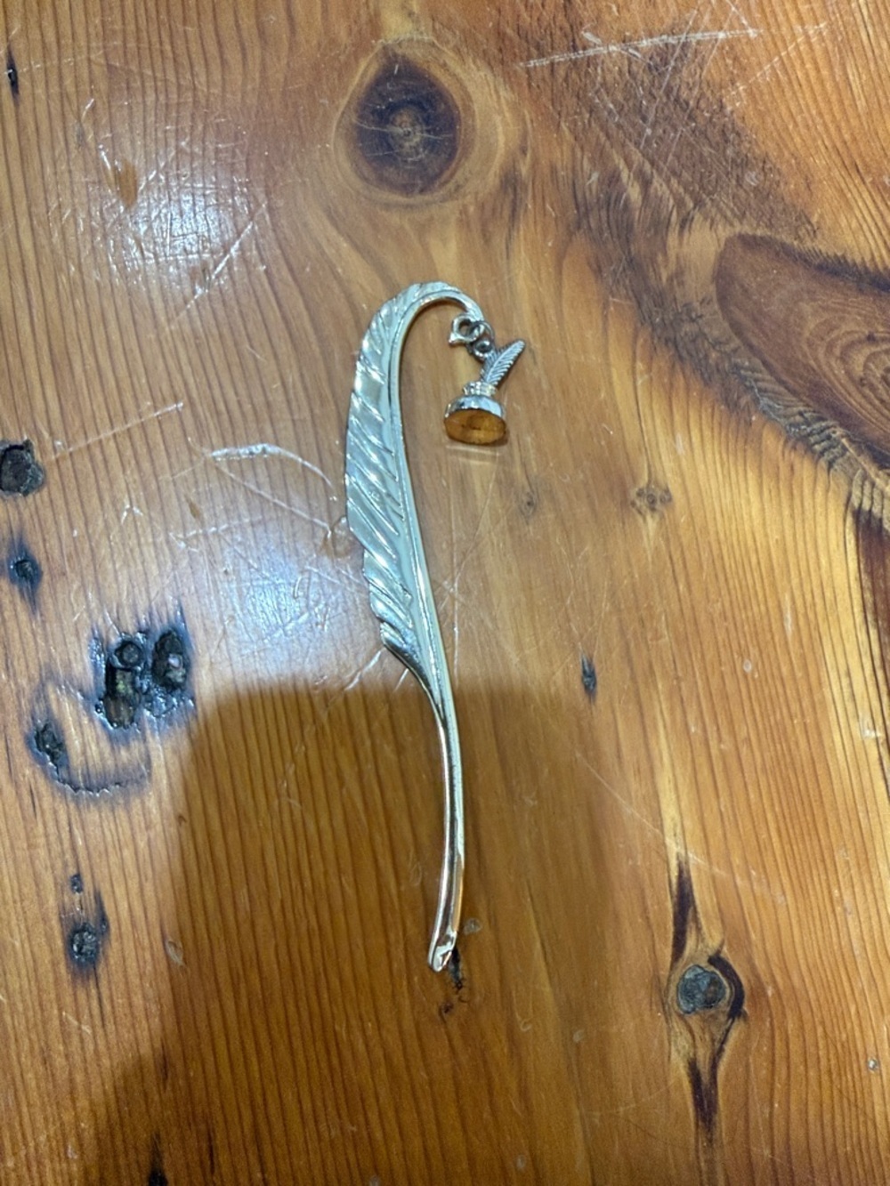 Silver Tone Feather Bookmark with Amber Accent